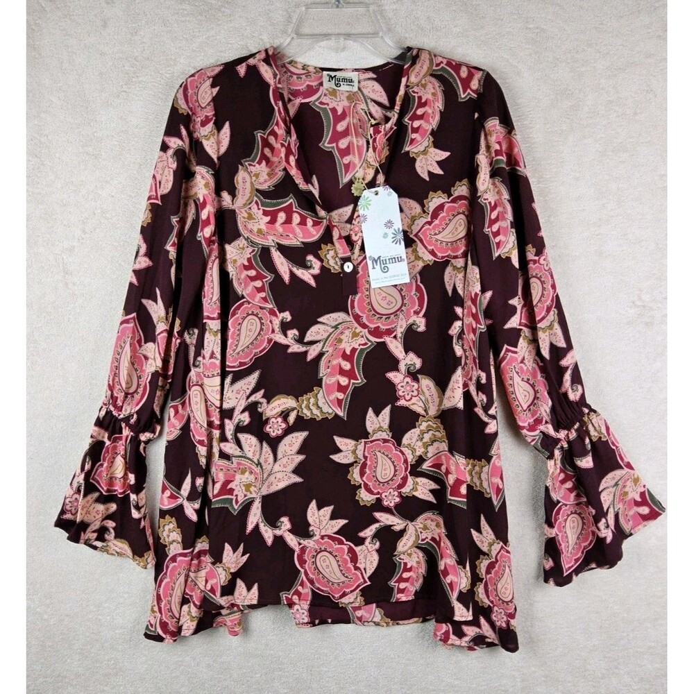 Show Me Your Mumu Women's Boho Ruffle Sleeve Paisley Blouse Top Size XS